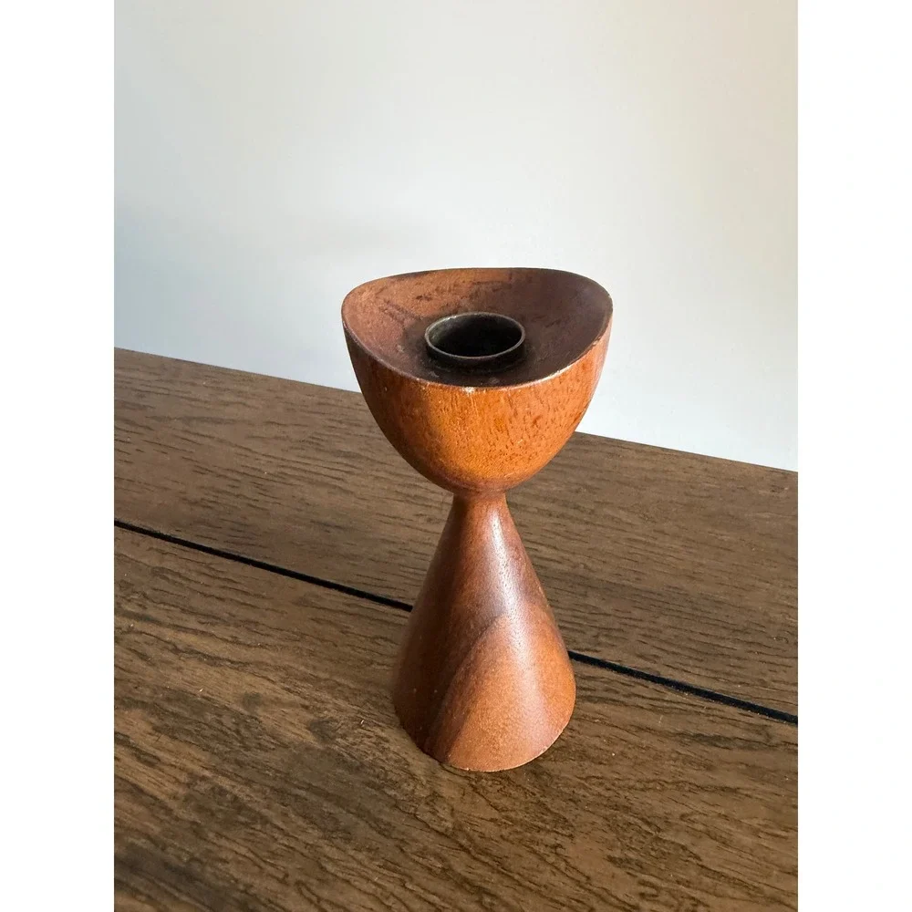 Vintage Teak Wood Candle Holder 6in Brown Good MCM Hourglass Danish